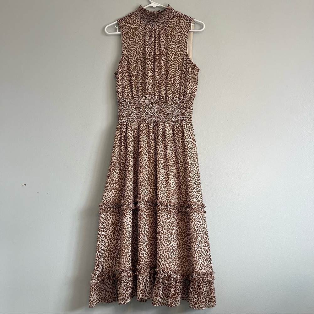 1. STATE sleeveless animal print smock neck tiered midi dress Waistband Sz M - Picture 2 of 15